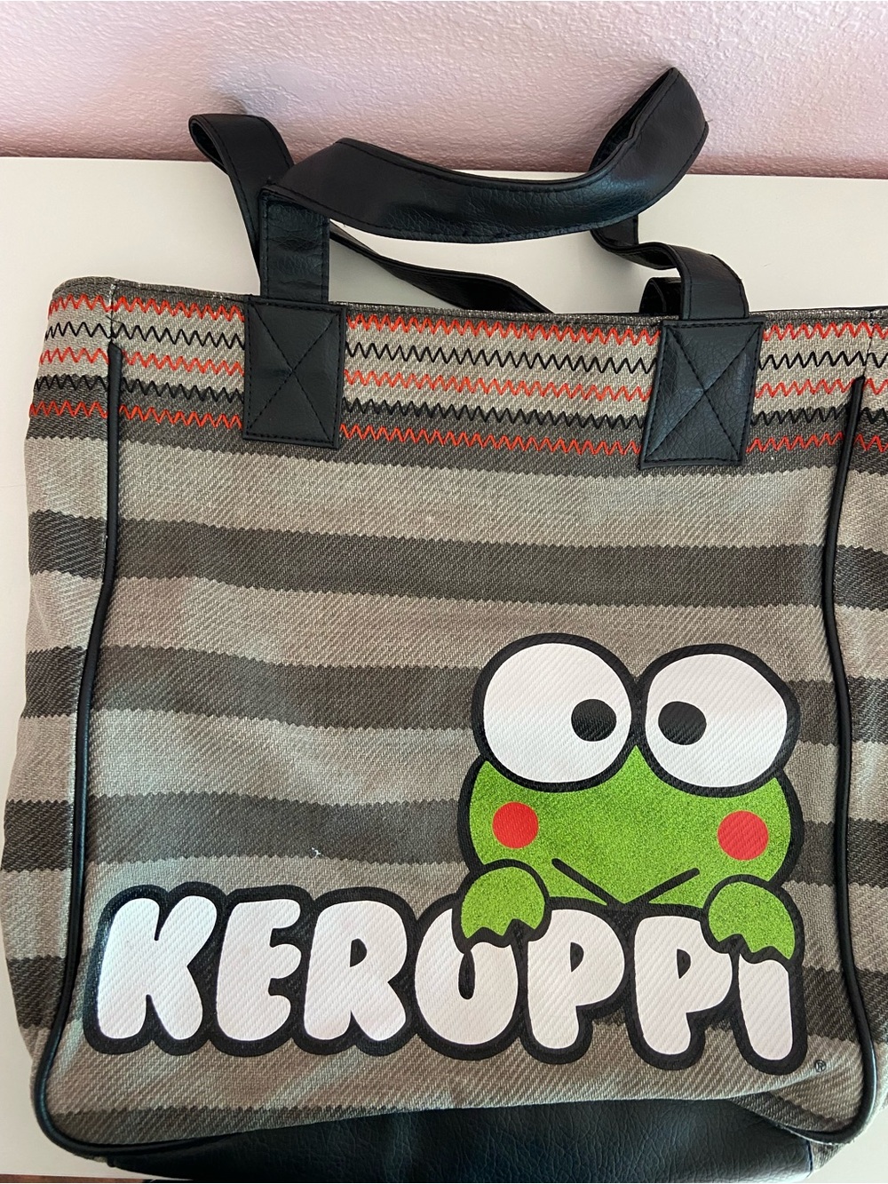 Sanrio Keroppi Striped Canvas Tote with Black Trim